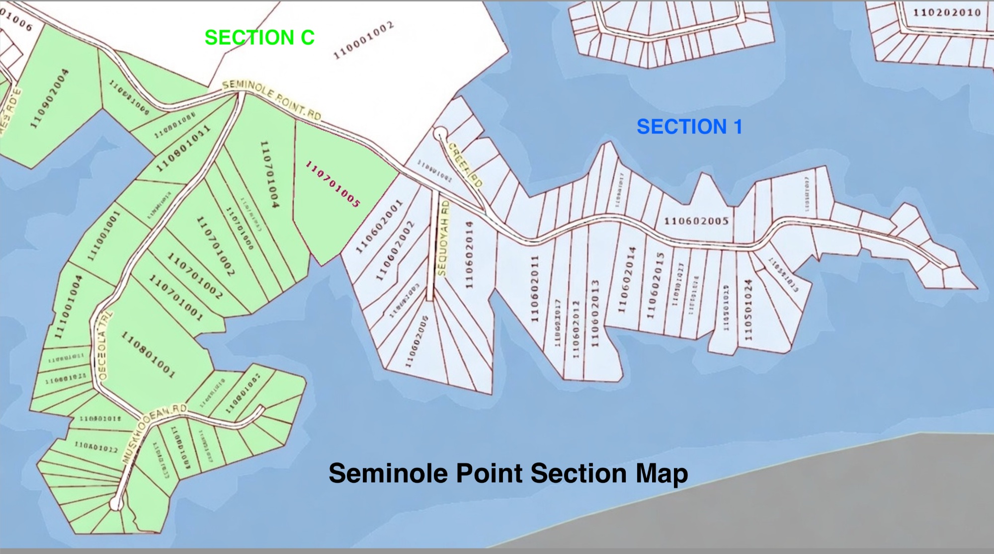Seminole Point Section Map showing Section 1 and Section C lot boundaries on Lake Hartwell